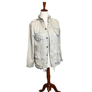 Olivia Moon jacket 100% tan linen hooded cargo utility pockets zip button sz XS